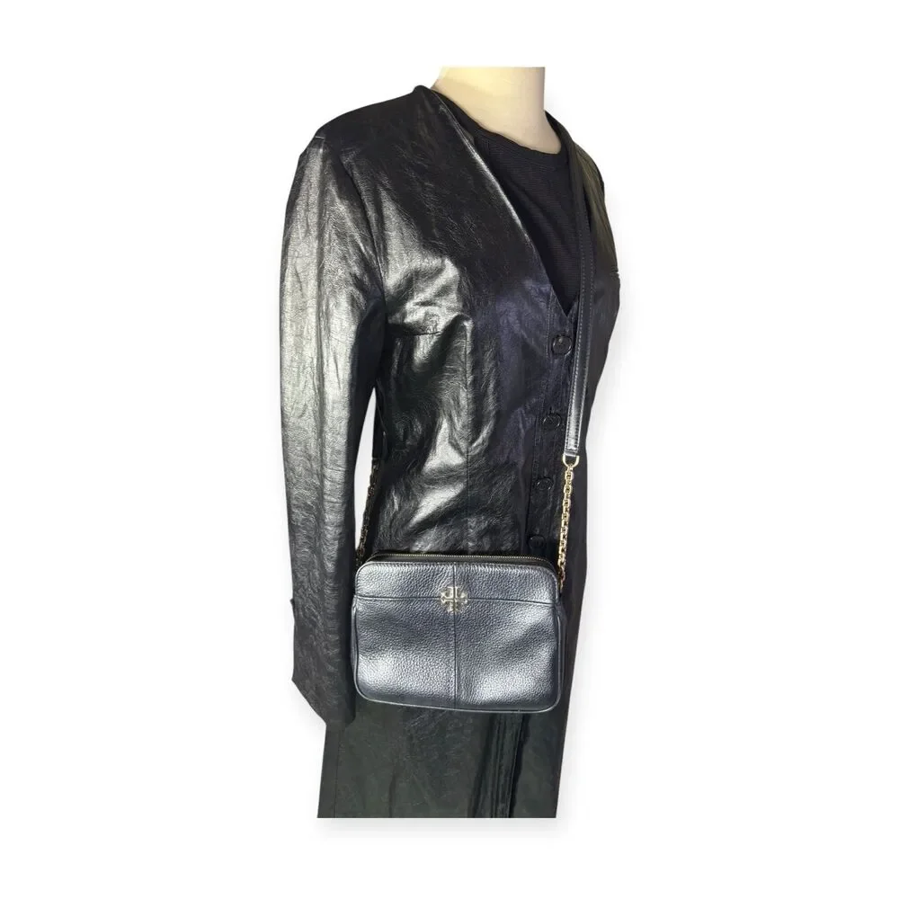 Tory Burch‎ Pebbled Leather Black Crossbody Ivy w/ Gold Chain Accents